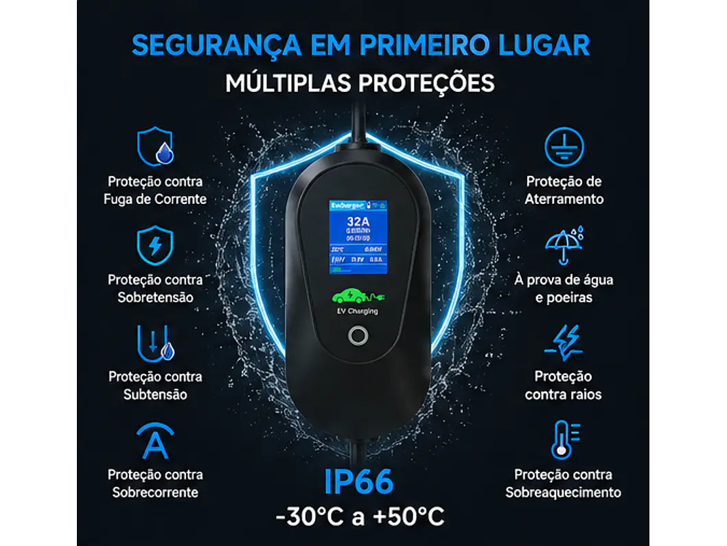 Carregador Portátil 7 kW | 32A | Cabo 5M | Wi-Fi | Ecrã LCD | Sup. Parede e Tomada | Saco 4