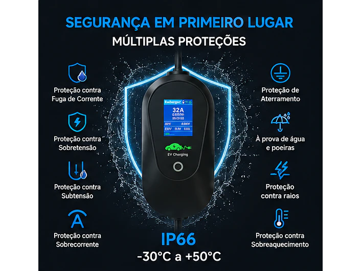 Carregador Portátil 7 kW | 32A | Cabo 5M | Wi-Fi | Ecrã LCD | Sup. Parede e Tomada | Saco 4
