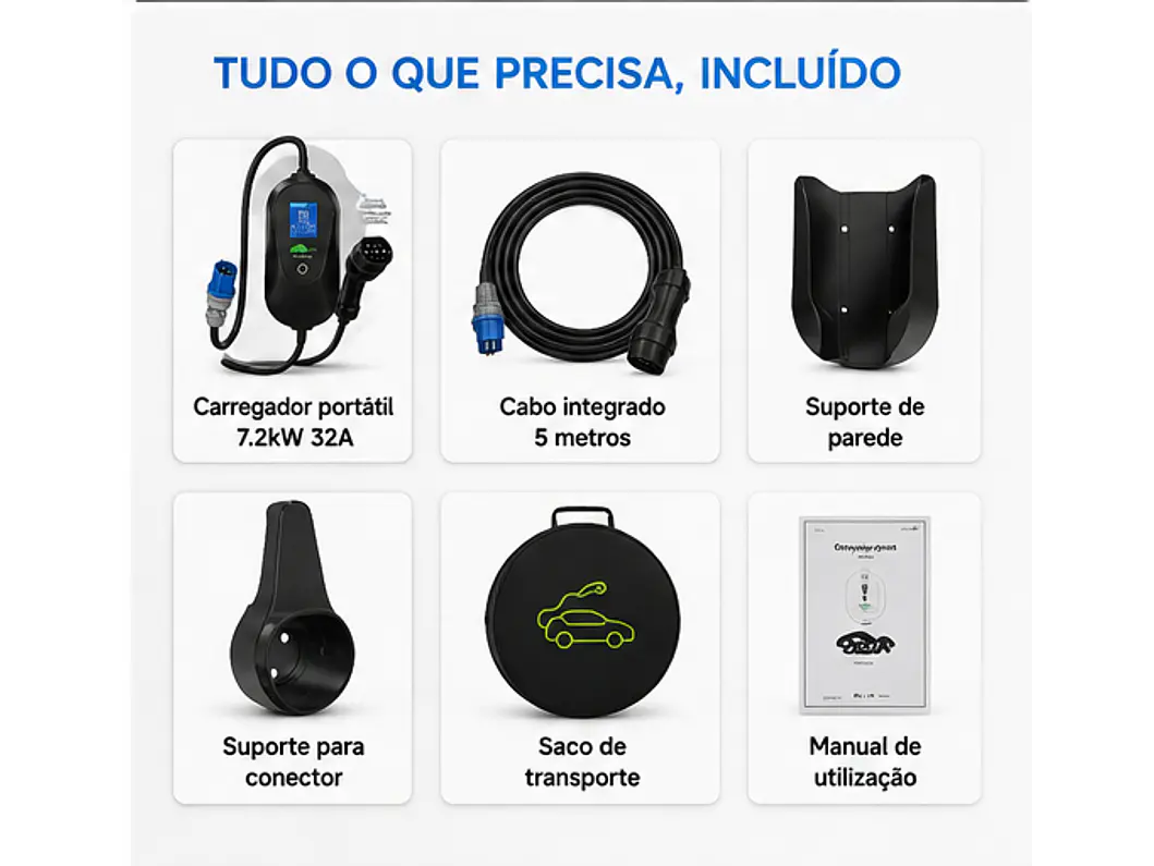 Carregador Portátil 7 kW | 32A | Cabo 5M | Wi-Fi | Ecrã LCD | Sup. Parede e Tomada | Saco 7
