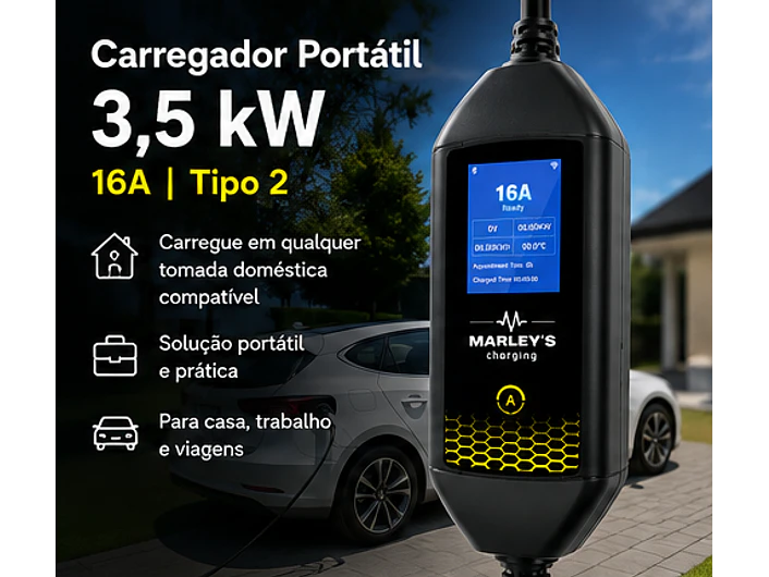 Carregador Portátil 3,5 kW | 16A | 4 Metros | Saco Transporte 3