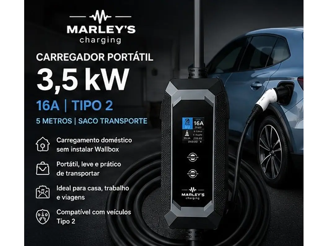 Carregador Portátil 3,5 kW | 16A | 5 Metros | Saco de Transporte 3