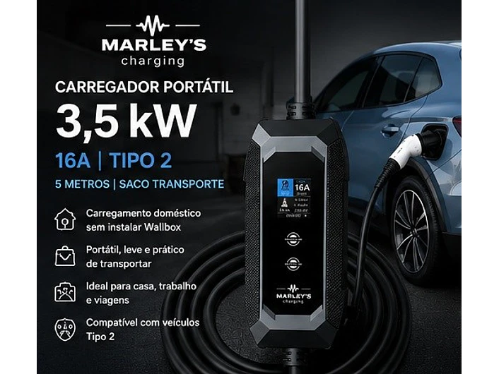 Carregador Portátil 3,5 kW | 16A | 5 Metros | Saco de Transporte 3
