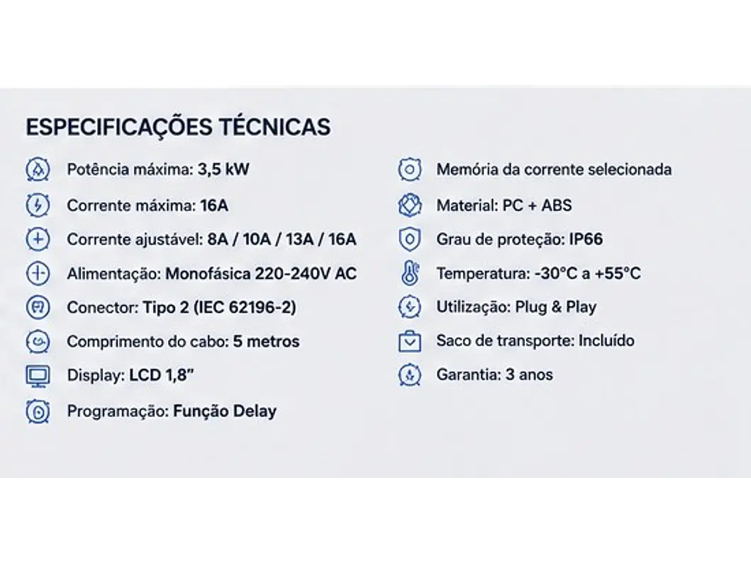 Carregador Portátil 3,5 kW | 16A | 5 Metros | Saco de Transporte 13