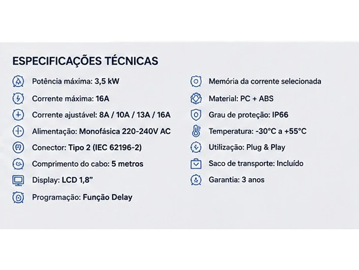 Carregador Portátil 3,5 kW | 16A | 5 Metros | Saco de Transporte 13