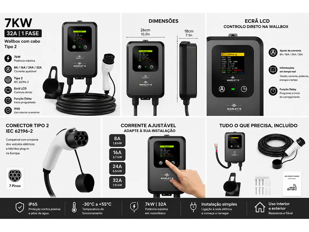 Wallbox 7 kW | 32A | Cabo 5m | Sem App | Sem RFID |  Ecrã LCD 8