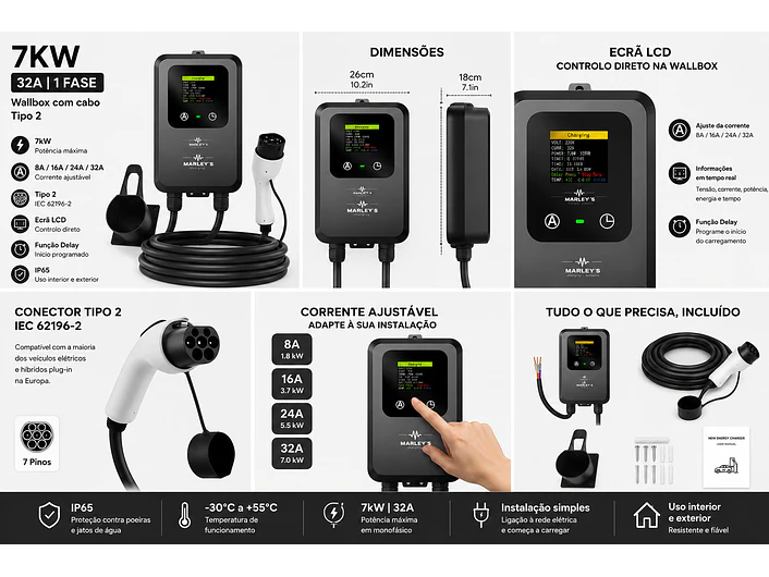 Wallbox 7 kW | 32A | Cabo 5m | Sem App | Sem RFID |  Ecrã LCD 8