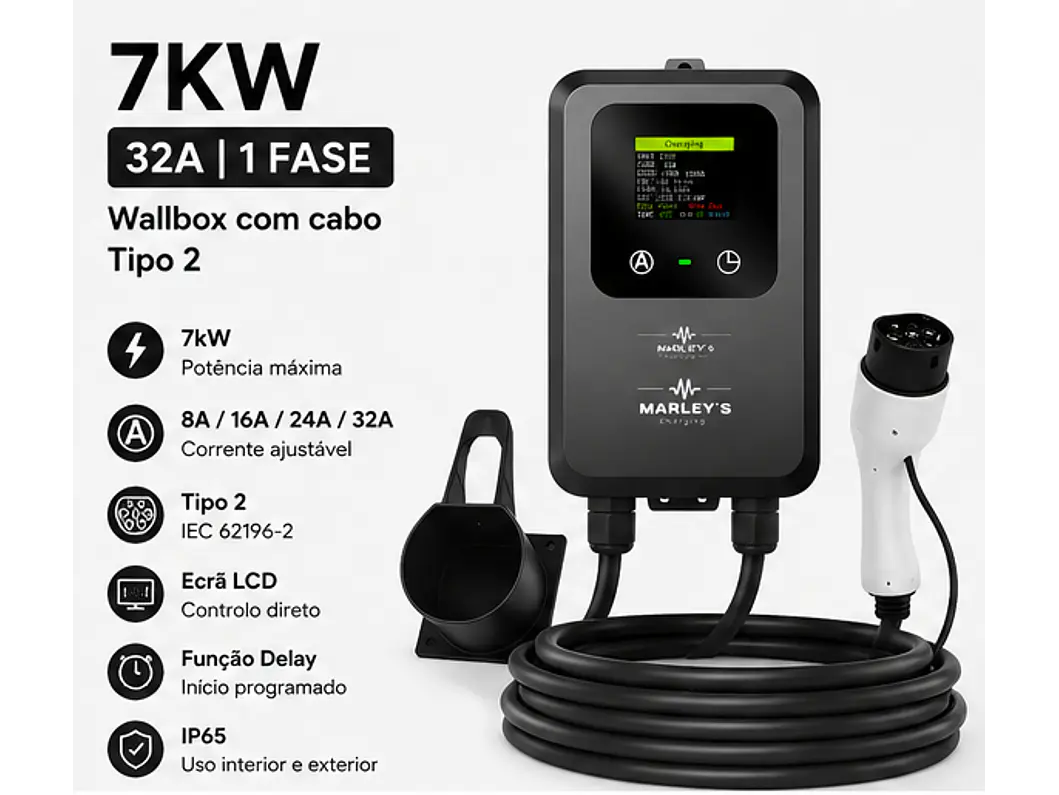 Wallbox 7 kW | 32A | Cabo 5m | Sem App | Sem RFID |  Ecrã LCD 2