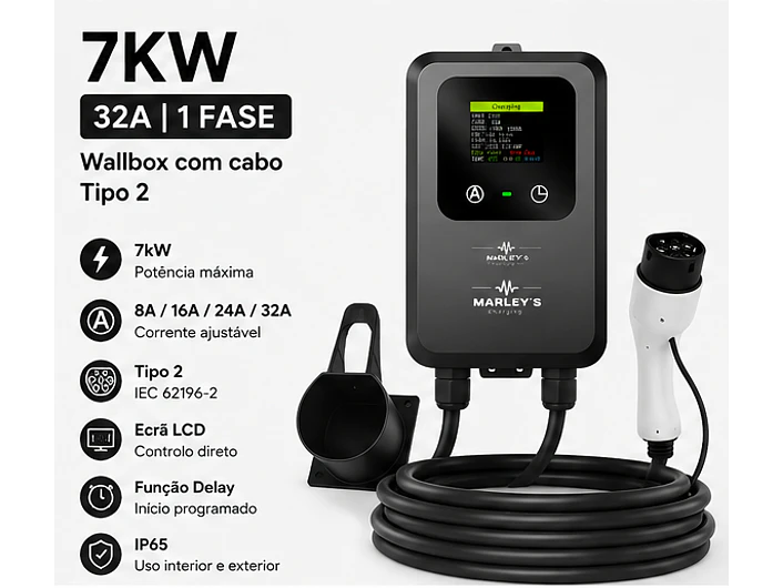 Wallbox 7 kW | 32A | Cabo 5m | Sem App | Sem RFID |  Ecrã LCD 2