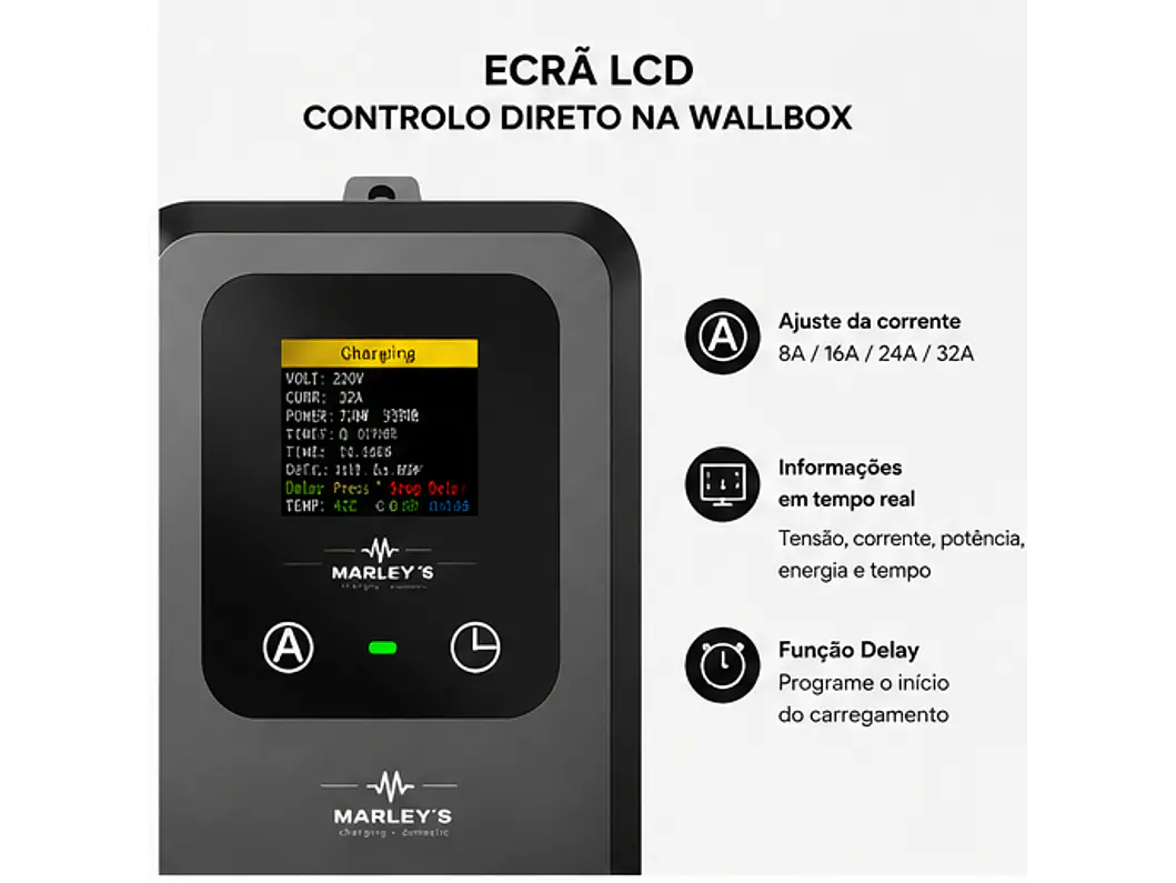 Wallbox 7 kW | 32A | Cabo 5m | Sem App | Sem RFID |  Ecrã LCD 4