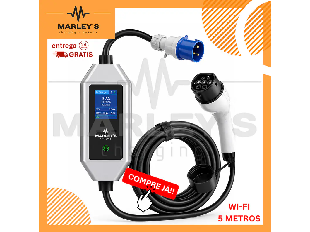 Carregador Portátil 7 kW | 32A | Cabo 5m | App Wi-Fi | Ecrã | Sup Tomada | Saco 1