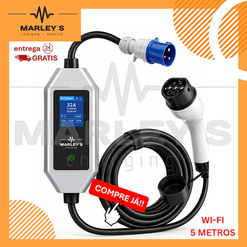 Carregador Portátil 7 kW | 32A | Cabo 5m | App Wi-Fi | Ecrã | Sup Tomada | Saco