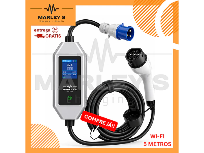 Carregador Portátil 7 kW | 32A | Cabo 5m | App Wi-Fi | Ecrã | Sup Tomada | Saco 1