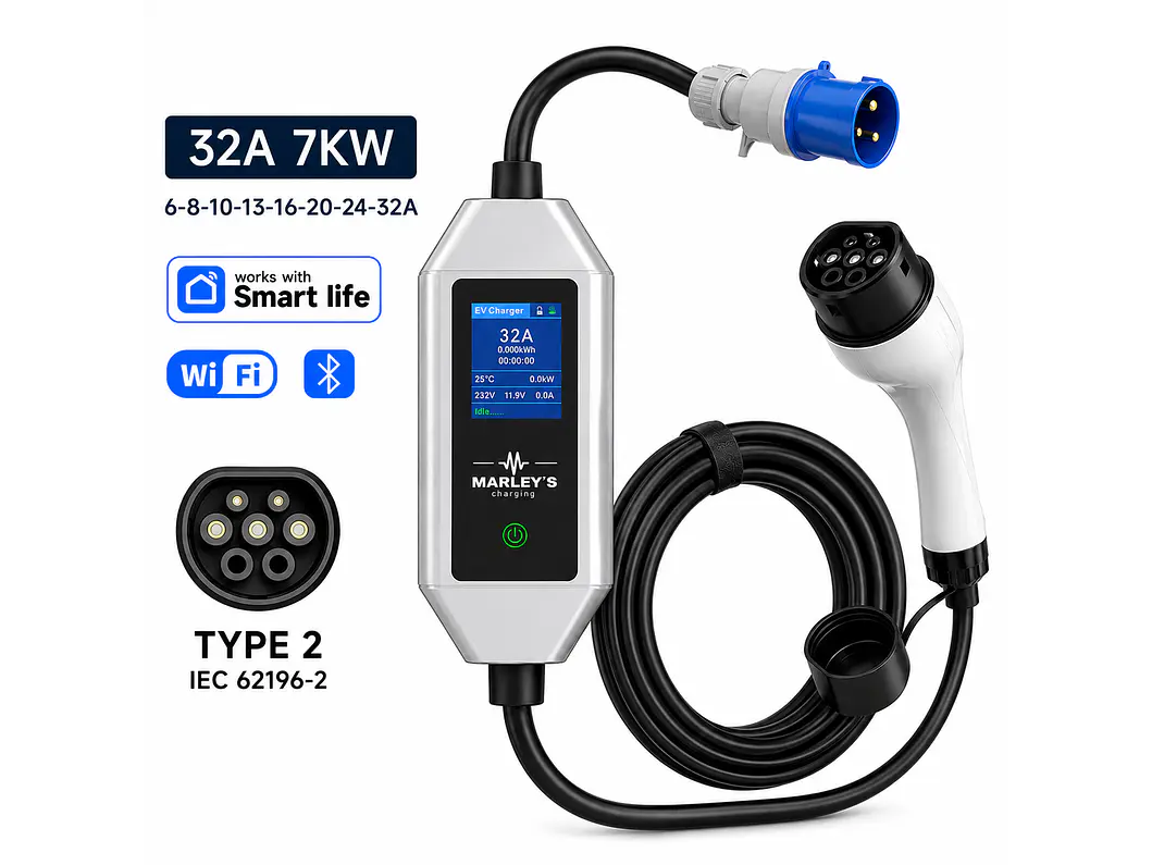 Carregador Portátil 7 kW | 32A | Cabo 5m | App Wi-Fi | Ecrã | Sup Tomada | Saco 2