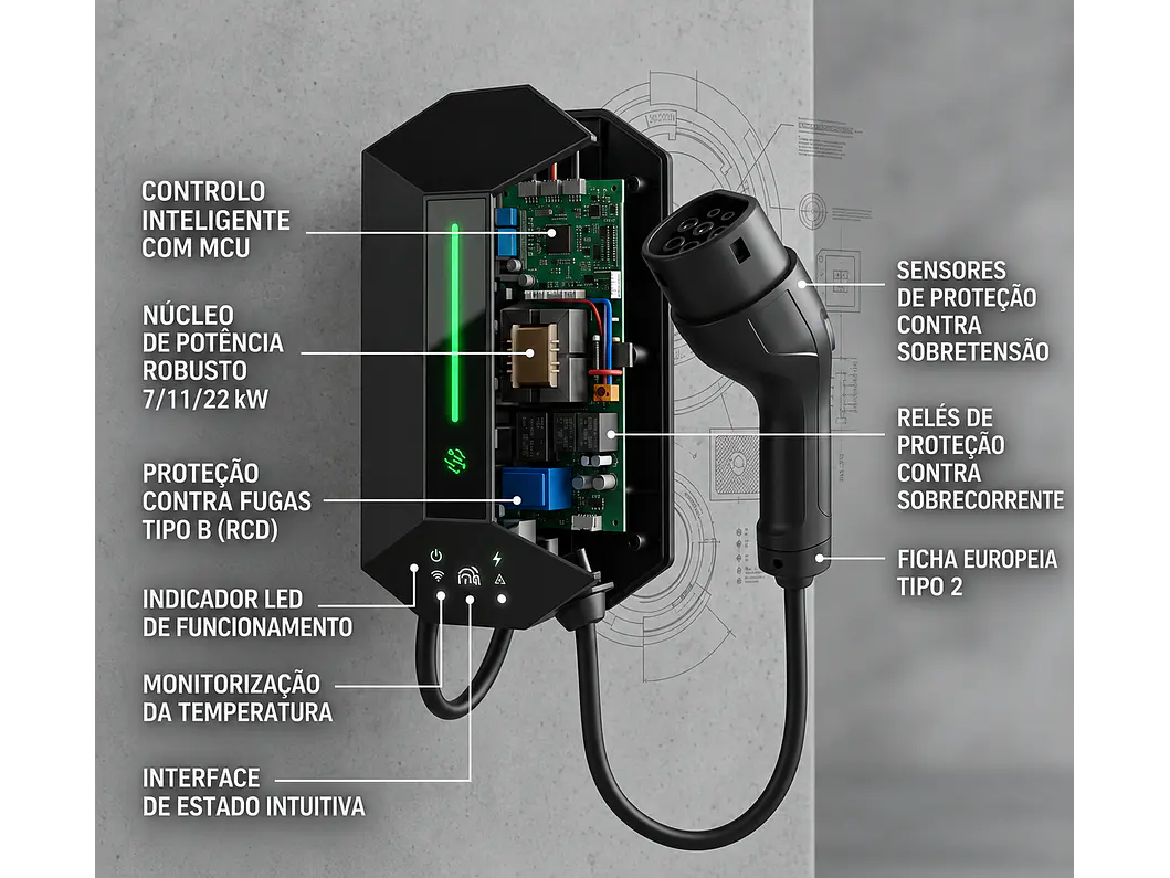 Wallbox 7 kW | 32A | Cabo 5m | Sem App | Sem RFID |  Ecrã LCD 7