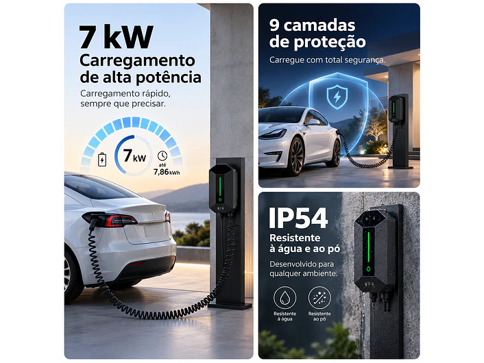 Wallbox 7 kW | 32A | Cabo 5m | Sem App | Sem RFID |  Ecrã LCD 15