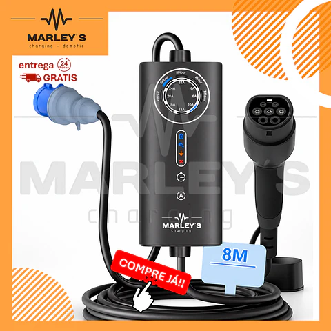 Carregador Portátil 7 kW | 32A | 8 Metros | Ecrã LCD | Saco Transporte