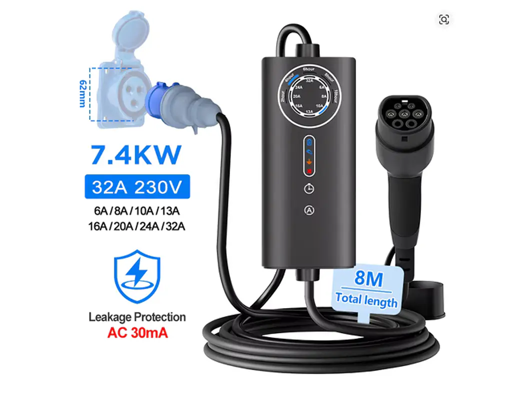 Carregador Portátil 7 kW | 32A | 8 Metros | Ecrã LCD | Saco Transporte 13