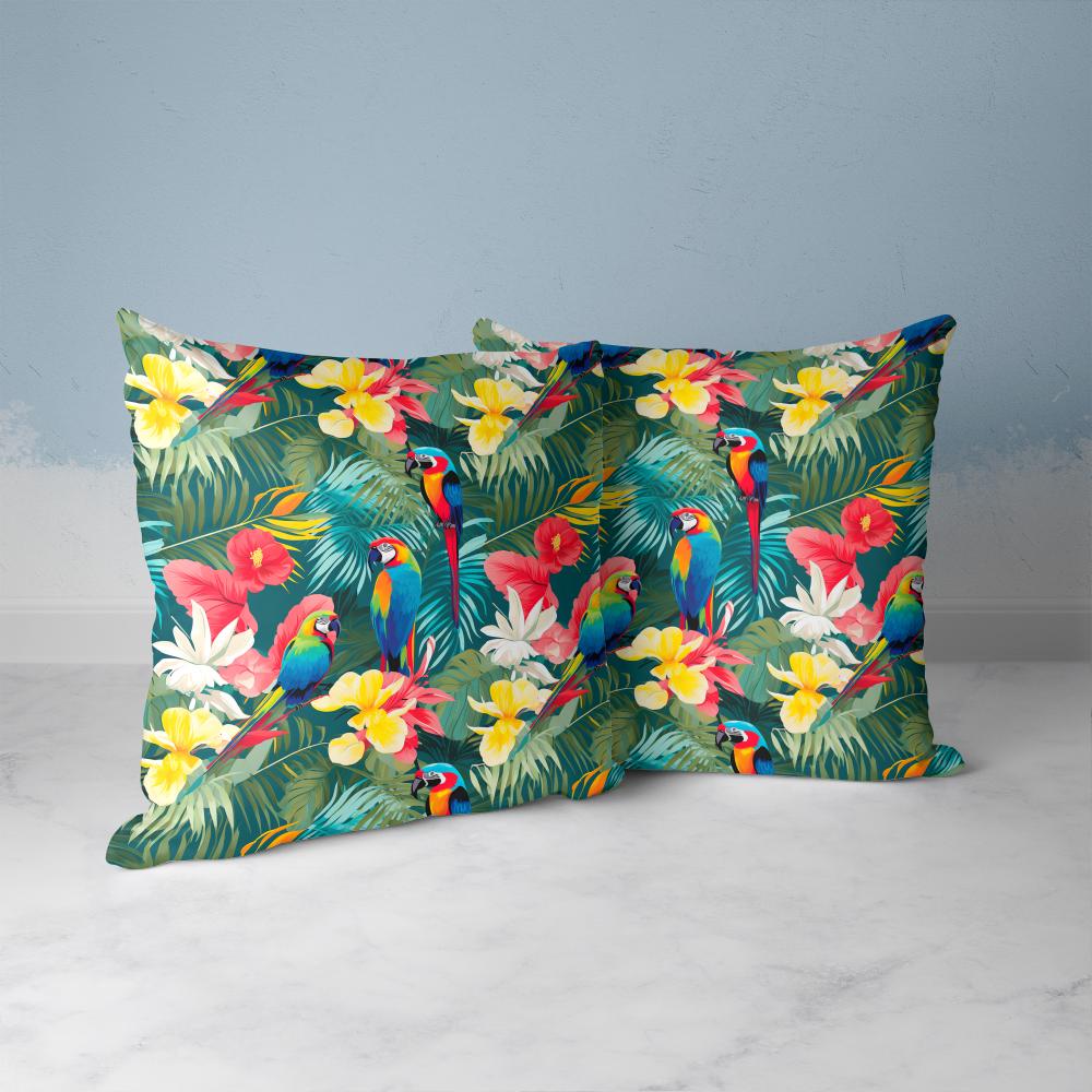 FUNDA DE COJIN PAPAGALLOS MULTICOLORES 2