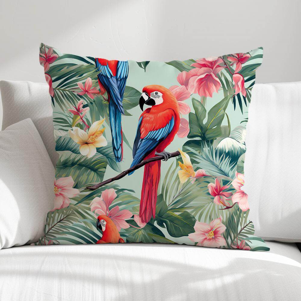 FUNDA DE COJIN PAPAGALLOS Y FLORES 1