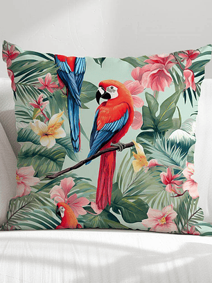 FUNDA DE COJIN PAPAGALLOS Y FLORES