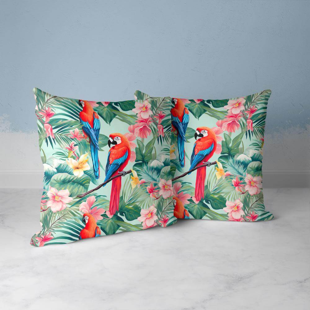 FUNDA DE COJIN PAPAGALLOS Y FLORES 2