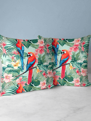FUNDA DE COJIN PAPAGALLOS Y FLORES