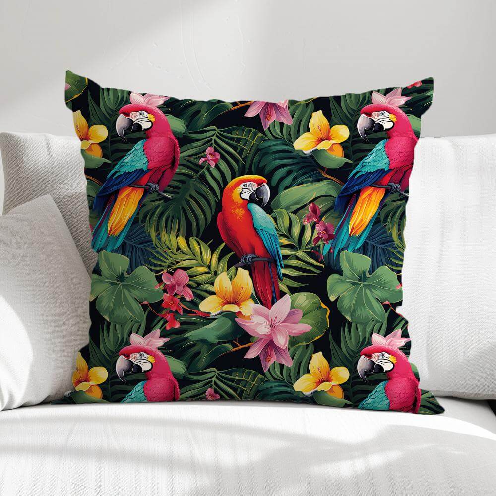 FUNDA DE COJIN PAPAGALLOS TROPICALES 1