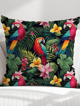 FUNDA DE COJIN PAPAGALLOS TROPICALES