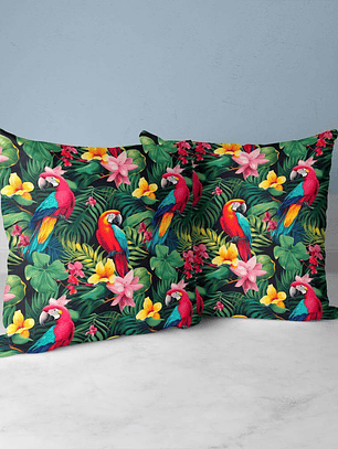 FUNDA DE COJIN PAPAGALLOS TROPICALES
