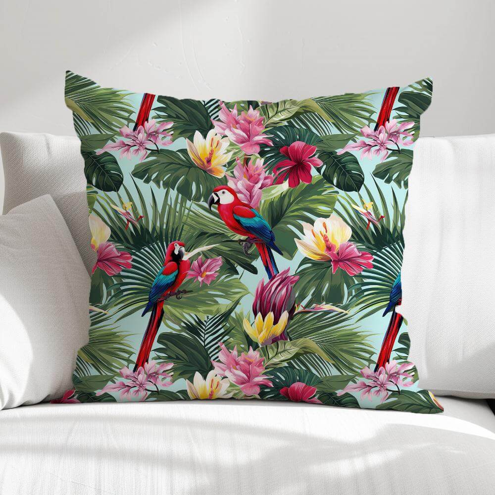 FUNDA DE COJIN PAPAGALLOS FONDO CELESTE 1