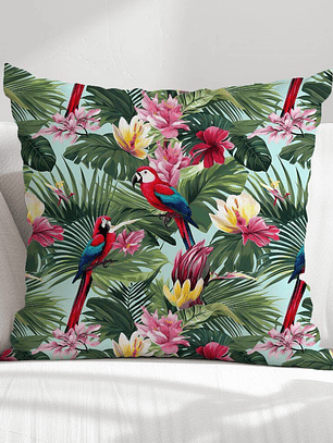 FUNDA DE COJIN PAPAGALLOS FONDO CELESTE