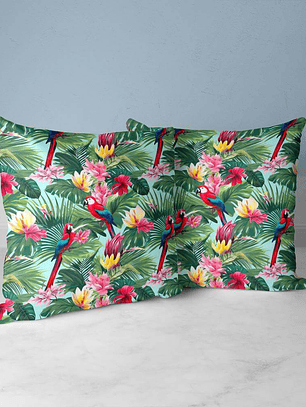 FUNDA DE COJIN PAPAGALLOS FONDO CELESTE