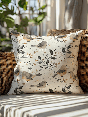 FUNDA DE COJIN GORRIONES CON HOJAS