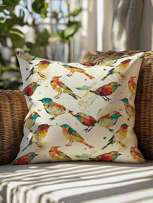 FUNDA DE COJIN AVES MULTICOLORES