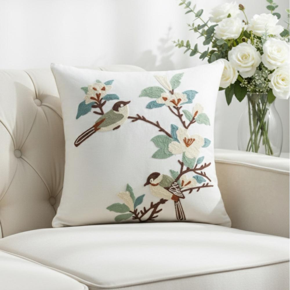 PACK 2 FUNDAS DE COJINES BORDADAS AVES SOBRE RAMA 1