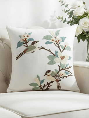 PACK 2 FUNDAS DE COJINES BORDADAS AVES SOBRE RAMA