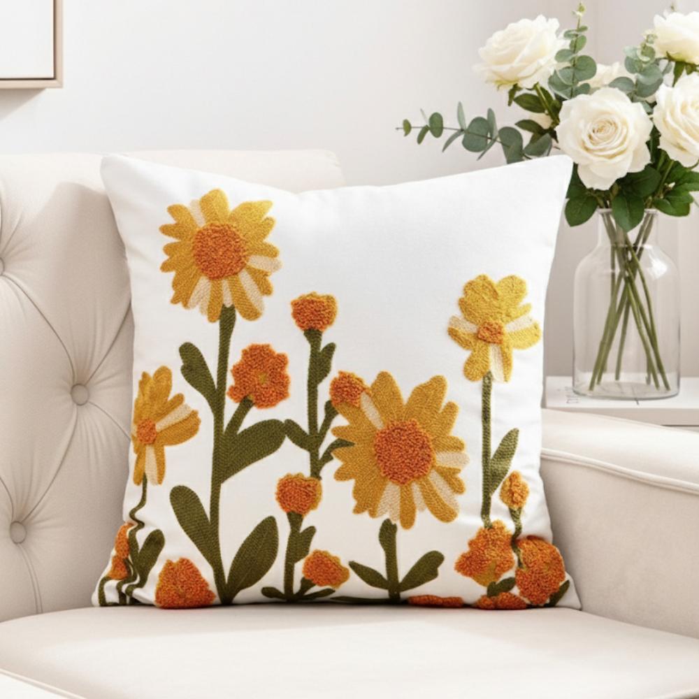 PACK 2 FUNDAS DE COJINES BORDADAS FLORES AMARILLAS Y NARANJO 3