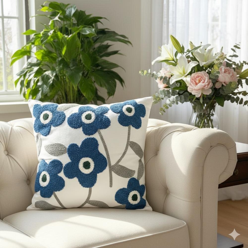 PACK 2 FUNDAS DE COJINES BORDADAS FLORES AZULES 1