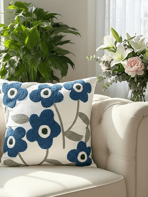 PACK 2 FUNDAS DE COJINES BORDADAS FLORES AZULES