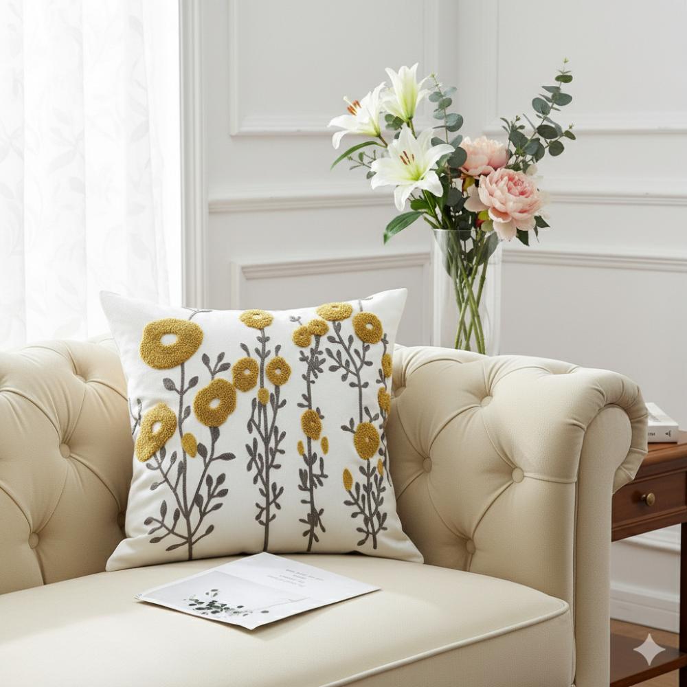 PACK 2 FUNDAS DE COJINES BORDADAS FLORES REDONDAS AMARILLAS 1