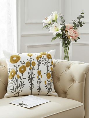 PACK 2 FUNDAS DE COJINES BORDADAS FLORES REDONDAS AMARILLAS
