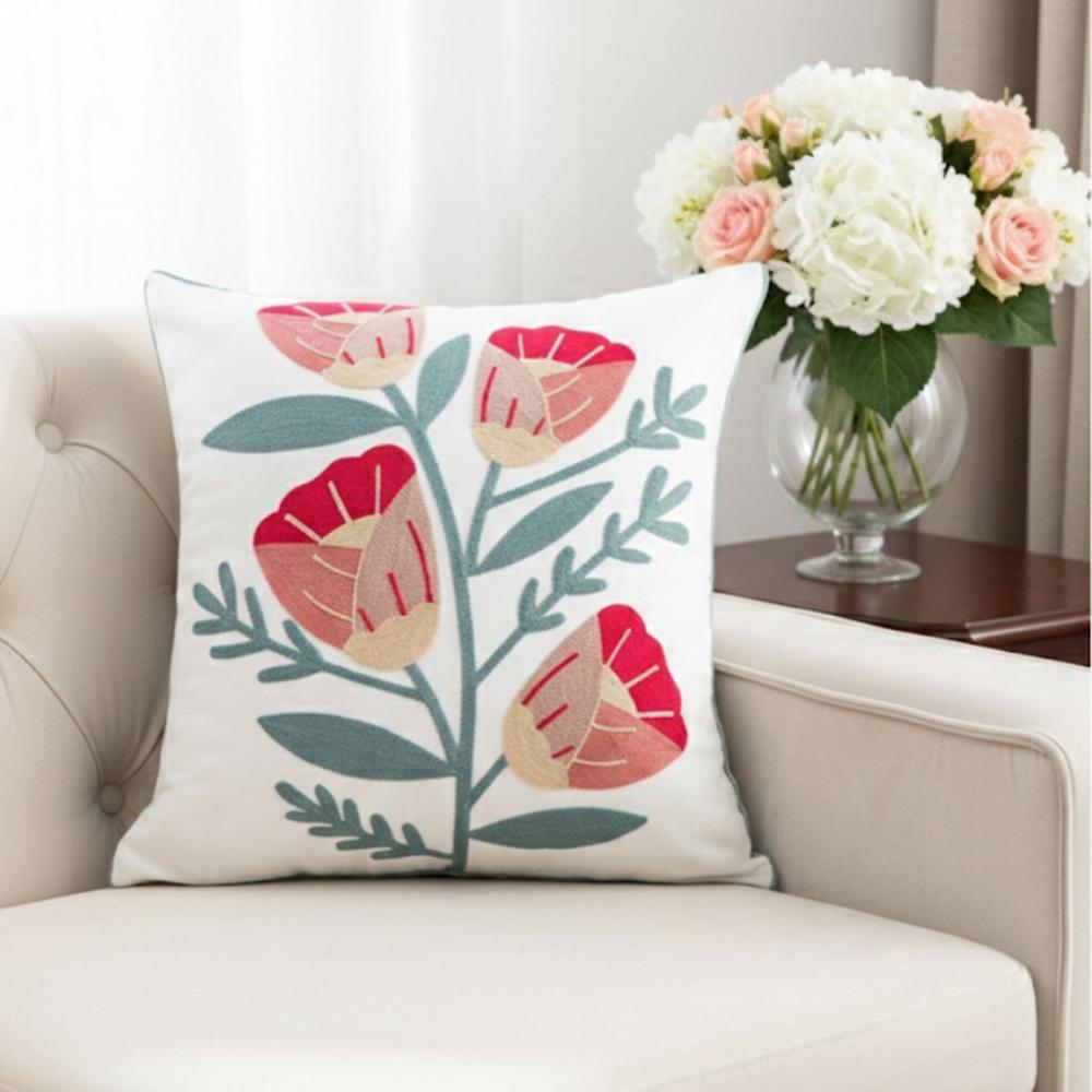 PACK 2 FUNDAS DE COJINES BORDADAS FLORES ROSADAS Y ROJO 2