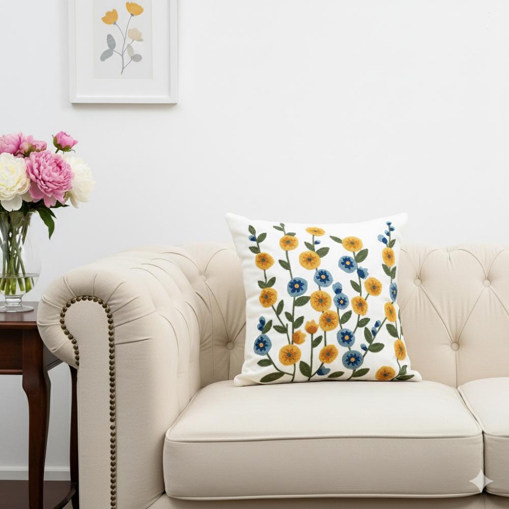 PACK 2 FUNDAS DE COJINES BORDADAS FLORES SILVESTRES AMARILLAS 2