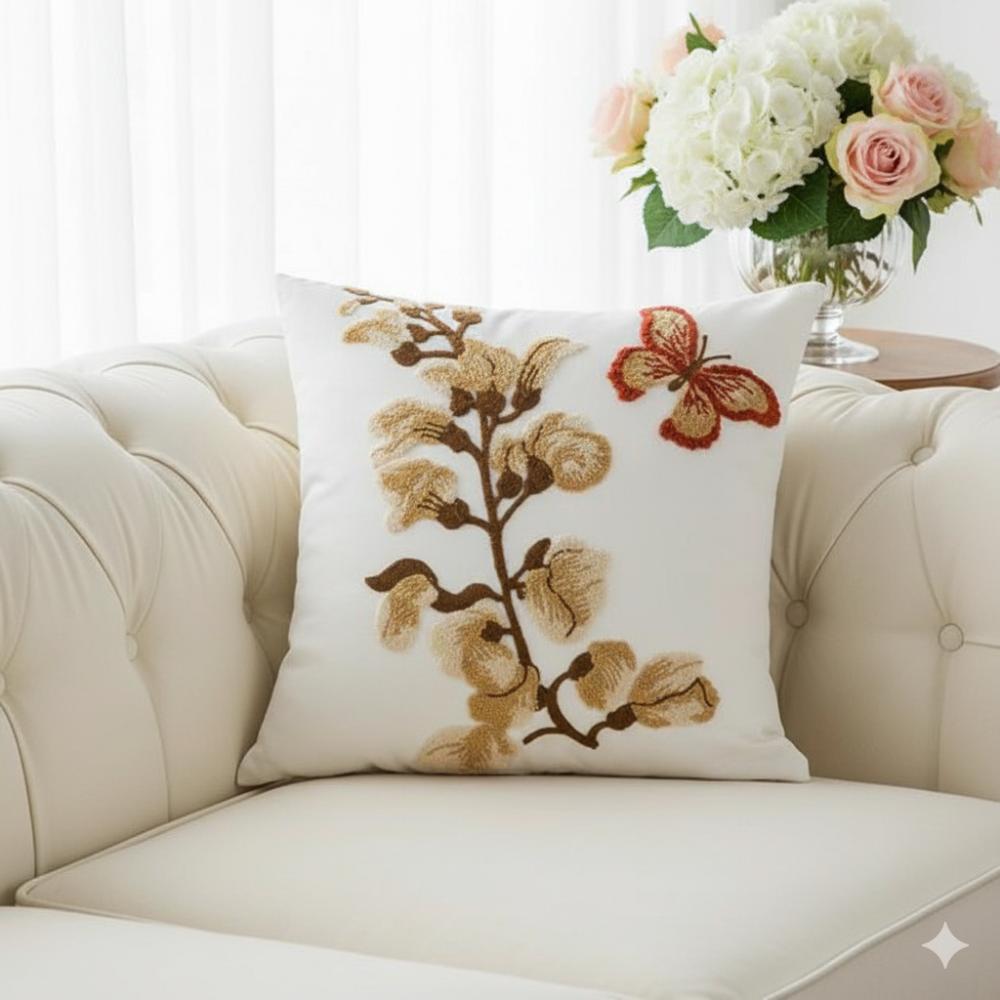 PACK 2 FUNDAS DE COJINES BORDADAS RAMA FLOR MARIPOSA 2