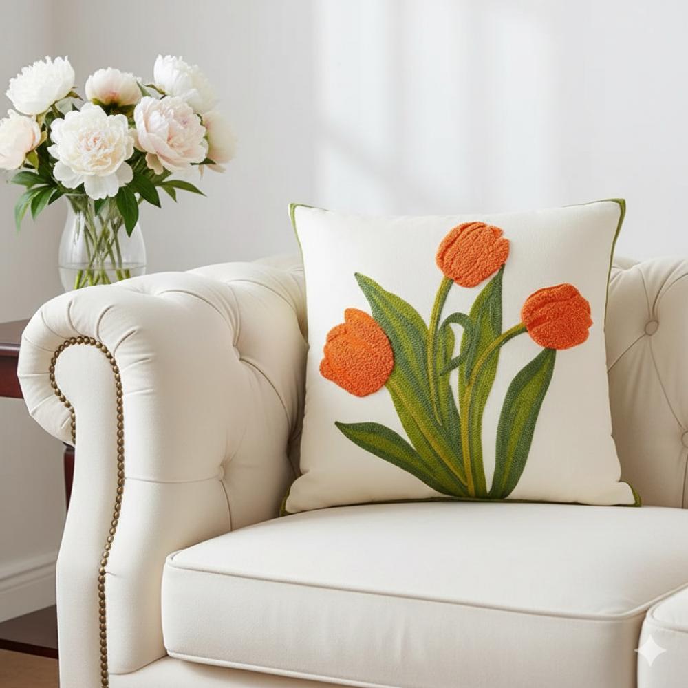 PACK 2 FUNDAS DE COJINES BORDADAS TULIPANES NARANJOS 2