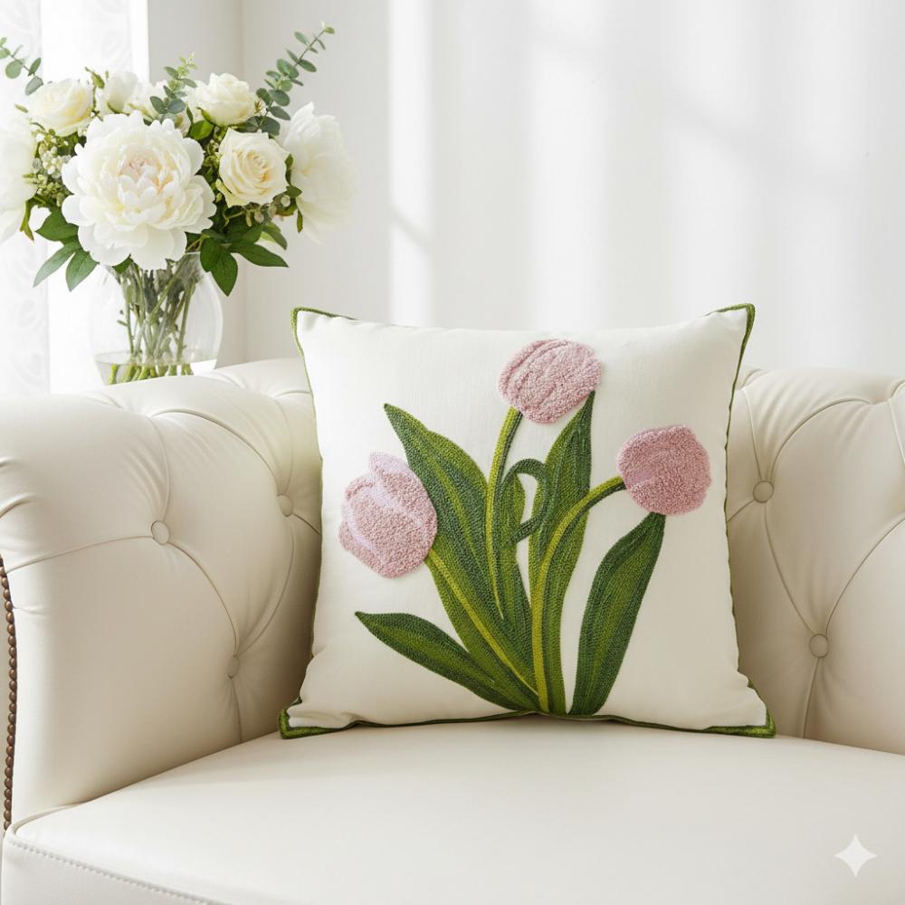 PACK 2 FUNDAS DE COJINES BORDADAS TULIPANES ROSADOS 2