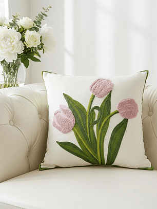 PACK 2 FUNDAS DE COJINES BORDADAS TULIPANES ROSADOS