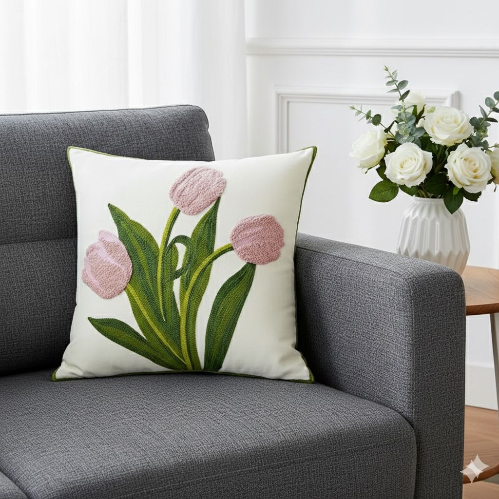 PACK 2 FUNDAS DE COJINES BORDADAS TULIPANES ROSADOS 1