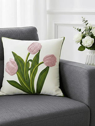 PACK 2 FUNDAS DE COJINES BORDADAS TULIPANES ROSADOS