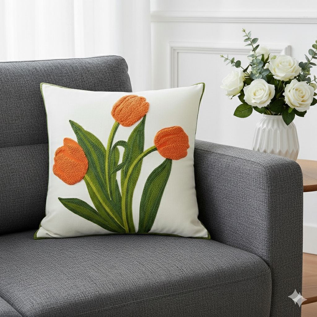 PACK 2 FUNDAS DE COJINES BORDADAS TULIPANES NARANJOS 1